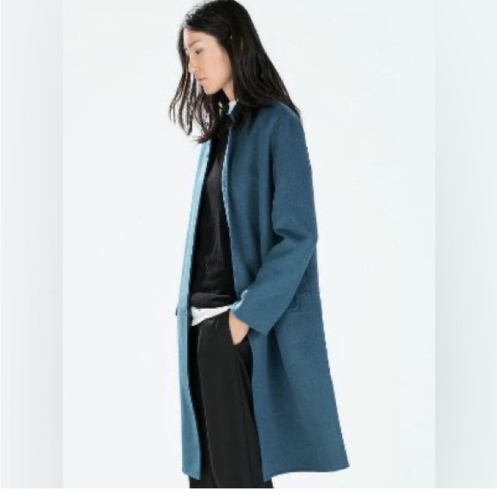 ZARA TEAL BLUE WOOL BLEND LONGLINE HAND-MADE 1 BUTTON CLOSURE DRESS COAT SZ MED - Picture 4 of 12